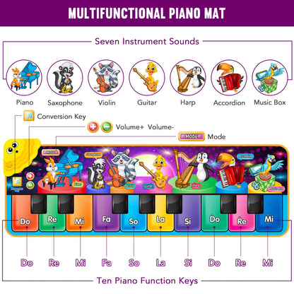 Kids musical piano mat by Tesok featuring 10 keys, 25 music sounds, and colorful animal designs for early education.