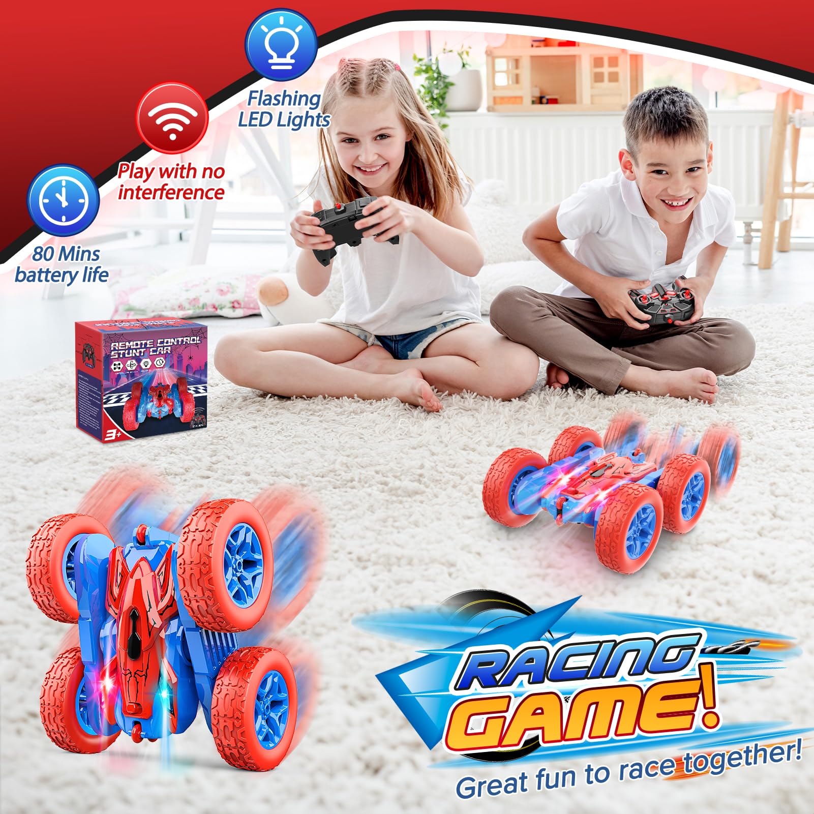 Dreamlandia remote control car with LED headlights, 4WD, 360 flips, 2.4GHz, suitable for kids aged 3-9, with battery and birthday gift appeal.