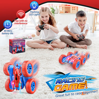 Dreamlandia remote control car with LED headlights, 4WD, 360 flips, 2.4GHz, suitable for kids aged 3-9, with battery and birthday gift appeal.