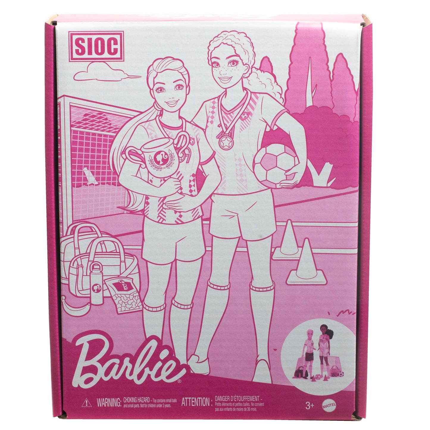 Barbie Careers Playset with two fashion dolls, including blonde Brooklyn soccer player, two nets, and 15 accessories.