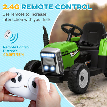 HOMCOM Kids Electric Car, 12V Electric Ride on Tractor and Trailer with Detachable Trailer Remote Control, USB, Horn, Lights, Start-Up Sound, for Ages 3-6 Years, Green