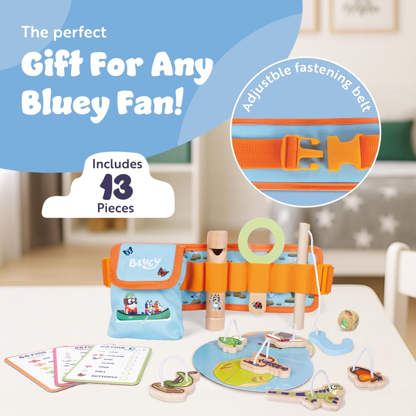 Bluey Adventure Belt with explorer accessories including magnifying glass, compass, whistle, and go find cards for kids' outdoor play.