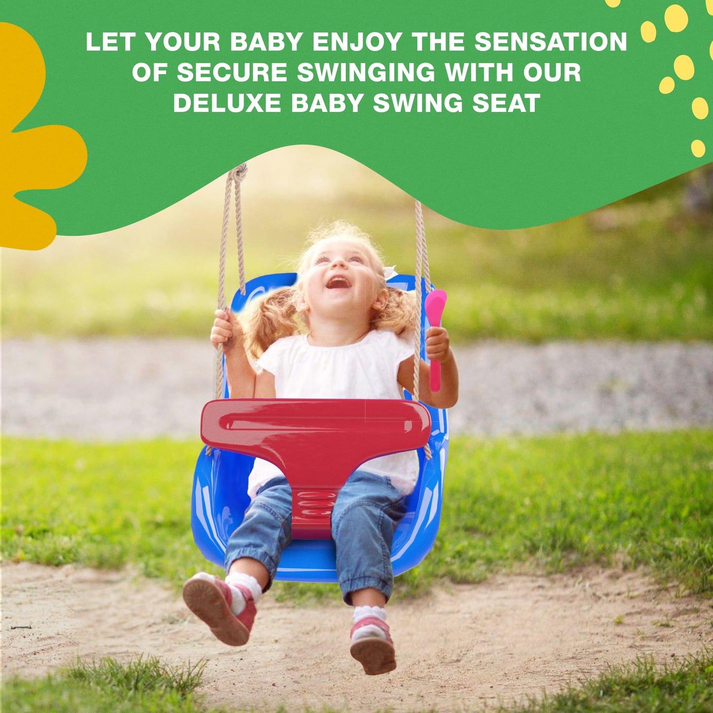 Deluxe Blue and Red Baby Swing Seat with Secure Safety System