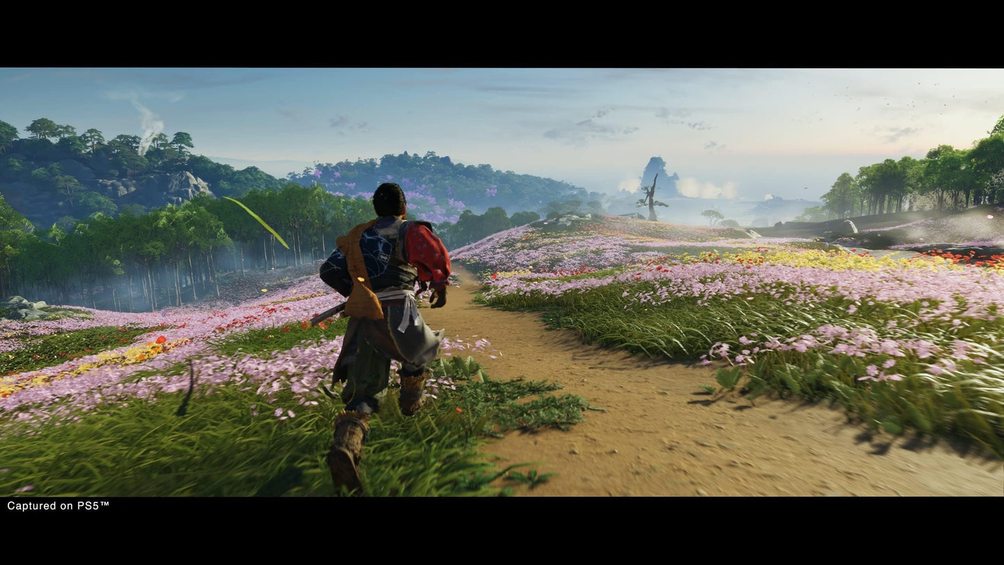 PlayStation Ghost of Tsushima Director's Cut for PS5, featuring a samurai warrior in traditional armor on a scenic island background.