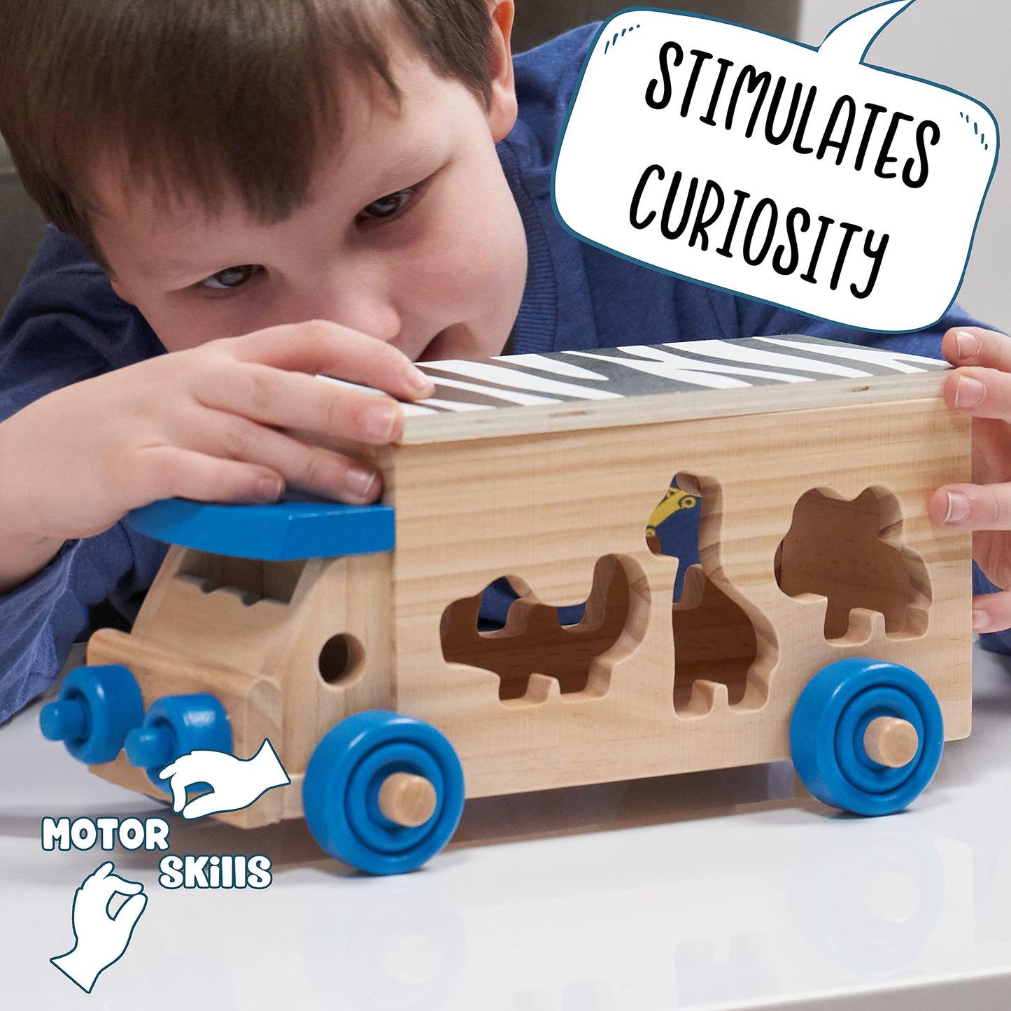Wooden shape sorter toy by Jaques of London featuring a safari bus design, suitable for toddlers aged 1 to 3 years.