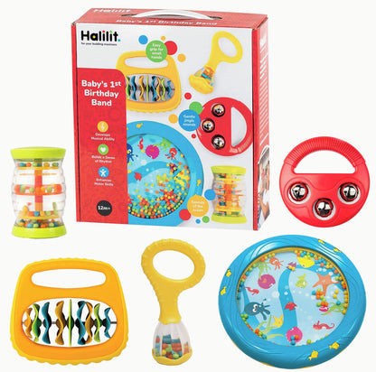 Halilit Baby's First Birthday Band Musical Instrument Gift Set. Includes Ocean Drum, Baby Maraca, Ring My Bell, Rainboshaker & Clip Clap. Music Sensory Baby Toy. Suitable for Boys & Girls 12 Months +