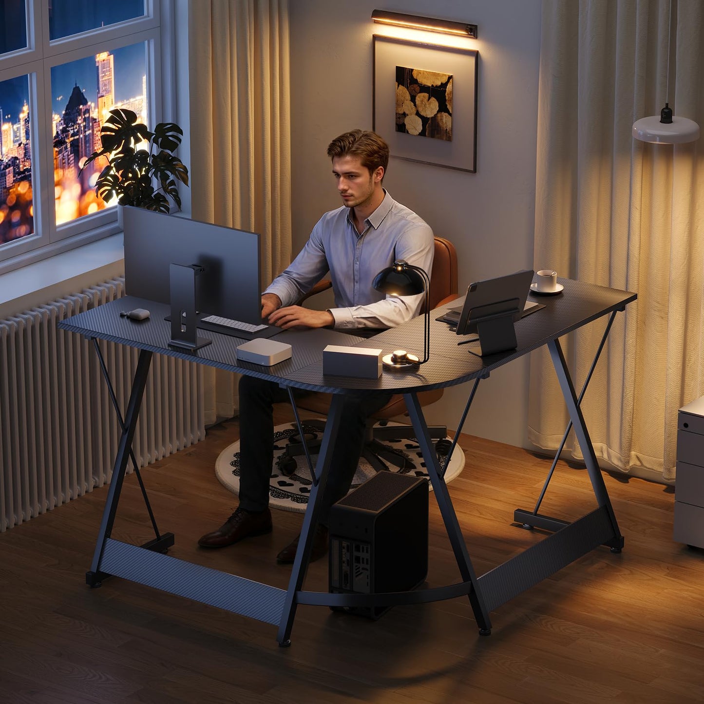 ODK L Shaped Gaming Desk, 120×120 cm Corner Computer Desk for Gaming, Home, Office, Carbon Fibre Black