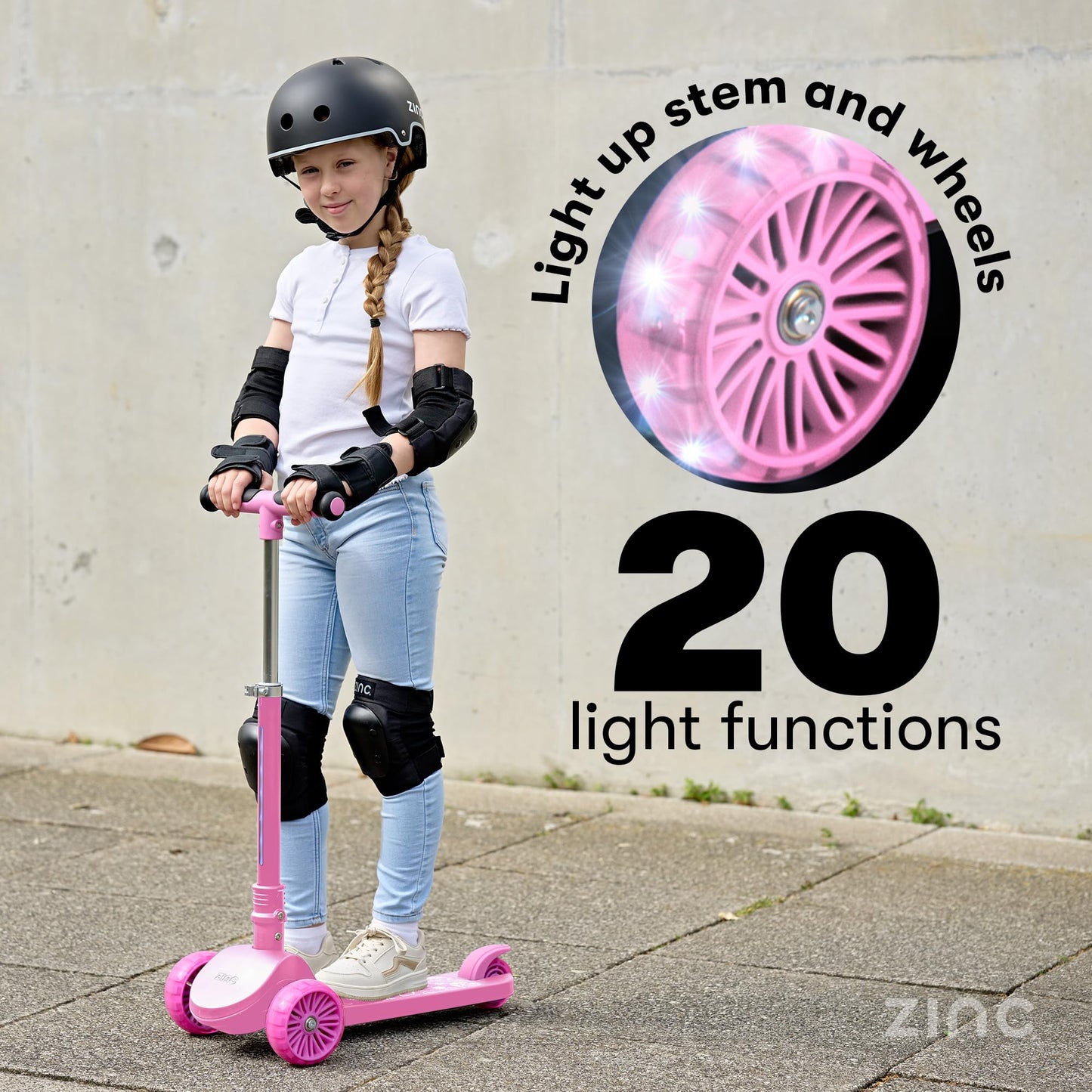Zinc 3 Wheel Folding Led Shine Scooter for Kids, Light Up Stem with 20 Light Functions, Folding, Non-Slip Grips, Adjustable Handlebar, Pink