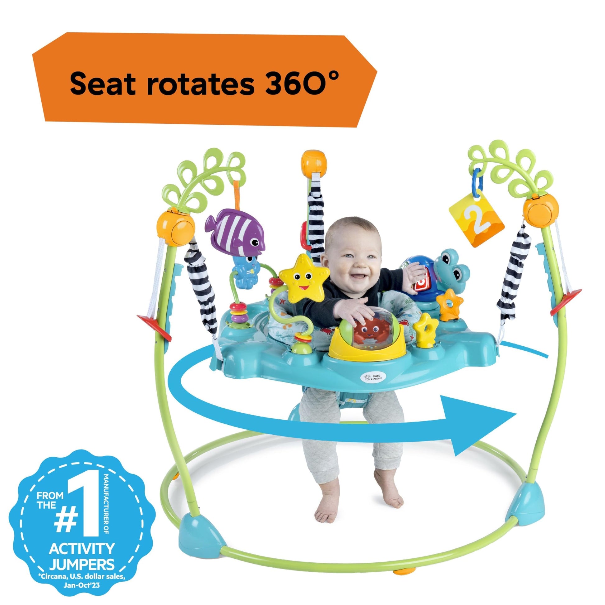 Baby Einstein Ocean Explorers Curiosity Cove 2-in-1 activity jumper and floor toy for infants 6-12 months, featuring colorful ocean-themed toys.