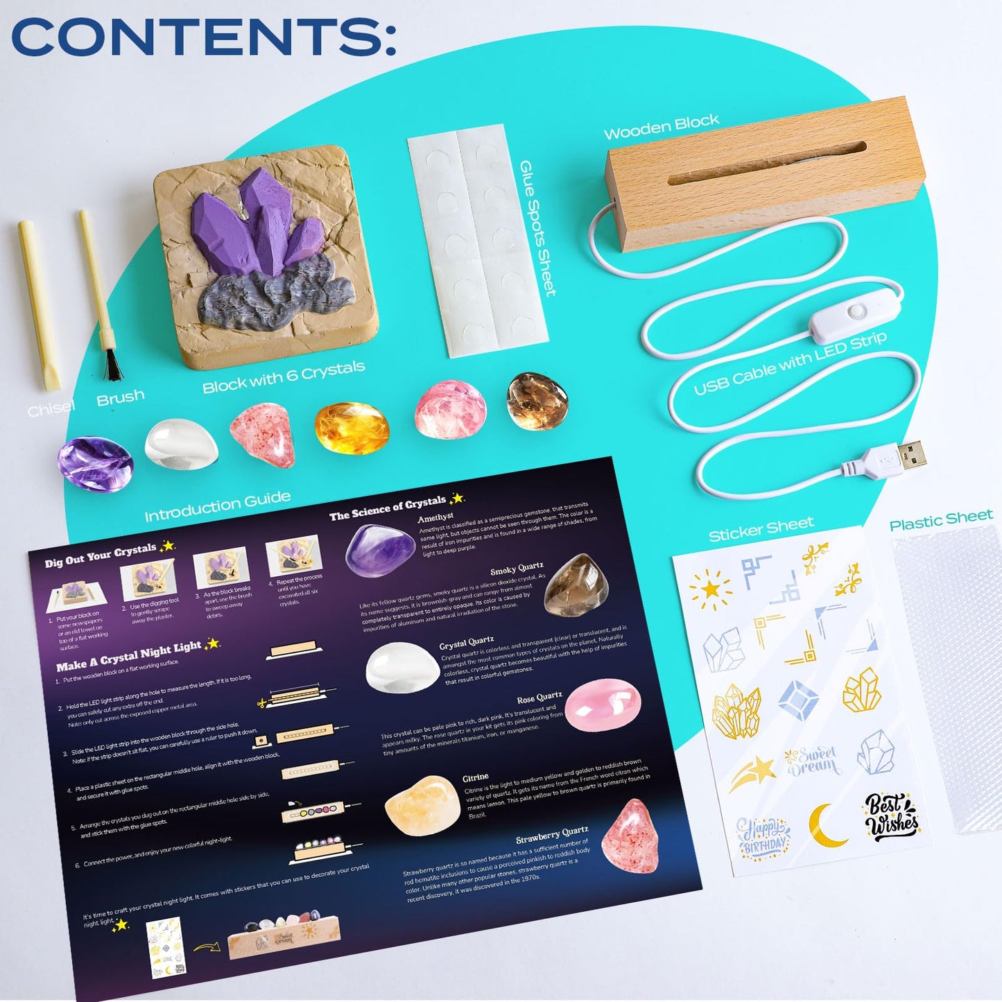 EggBox Gemstone Dig Kit with six real gemstones, crystals, night light, and digging tools for kids ages 3 and up.