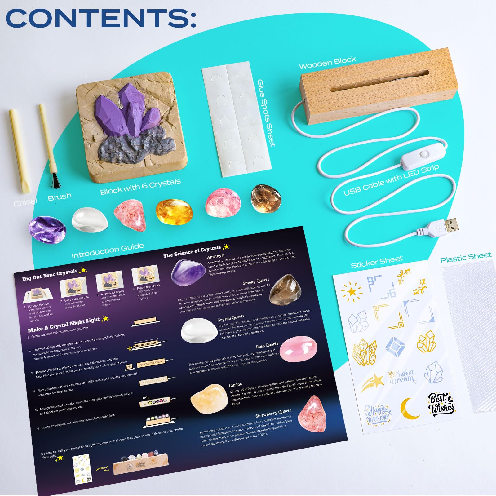 EggBox Gemstone Dig Kit with six real gemstones, crystals, night light, and digging tools for kids ages 3 and up.