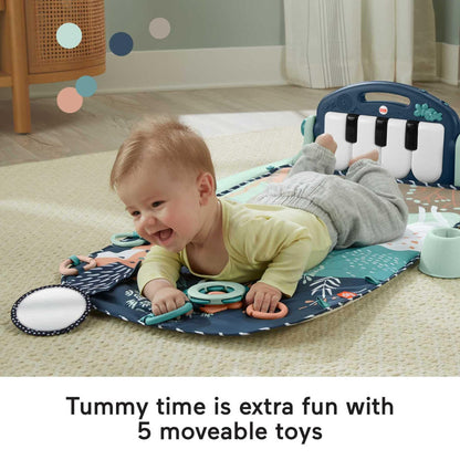 Fisher-Price baby playmat with kick & play piano, colorful sensory toys on navy fawn background for newborns and toddlers
