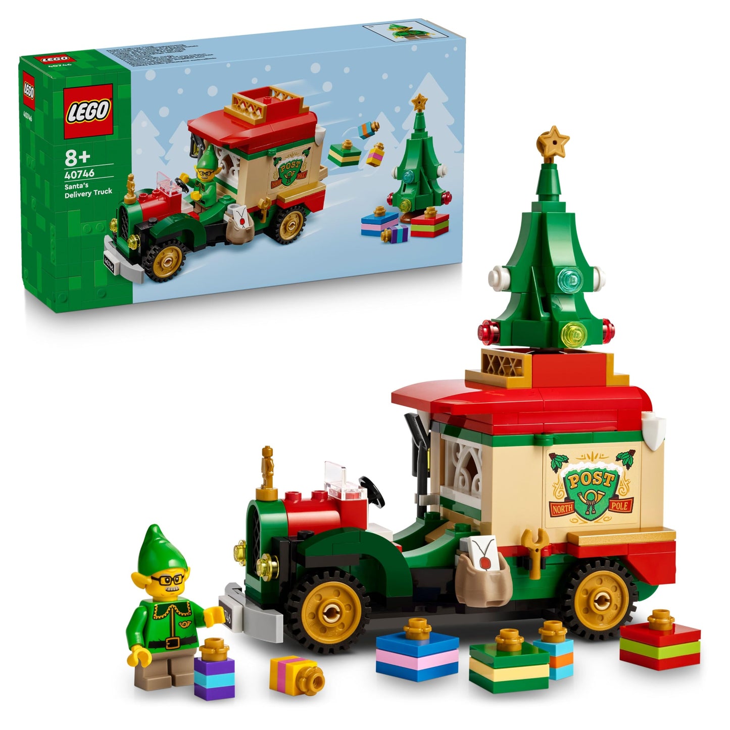 LEGO Santa's Delivery Truck toy with colorful design, Christmas tree, presents, and festive decorations for imaginative play.