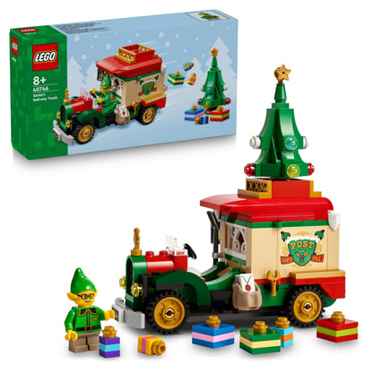 LEGO Santa's Delivery Truck toy with colorful design, Christmas tree, presents, and festive decorations for imaginative play.