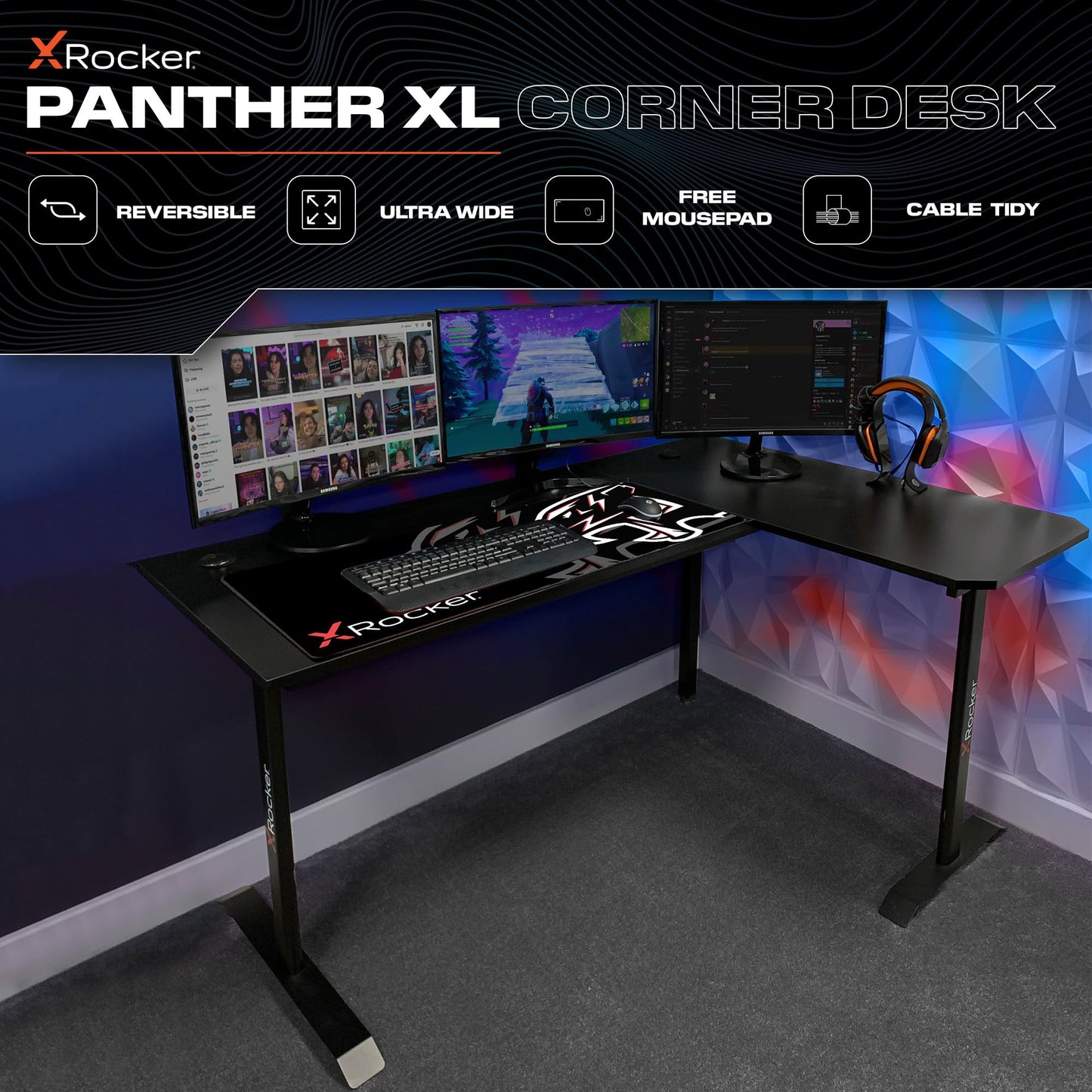 X-Rocker Panther XL 155cm x 108cm, L-Shaped Gaming Desk - Reversible Corner Design, Large Dual Monitor, Sturdy Metal Frame for Adults & Kids - Carbon Black - Mouse Mat Included