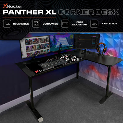 X-Rocker Panther XL 155cm x 108cm, L-Shaped Gaming Desk - Reversible Corner Design, Large Dual Monitor, Sturdy Metal Frame for Adults & Kids - Carbon Black - Mouse Mat Included