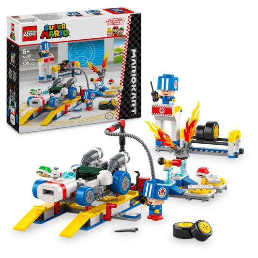 LEGO Super Mario Toad’s Garage set with Mario Kart theme, including blue Toad figures and mechanic play accessories.