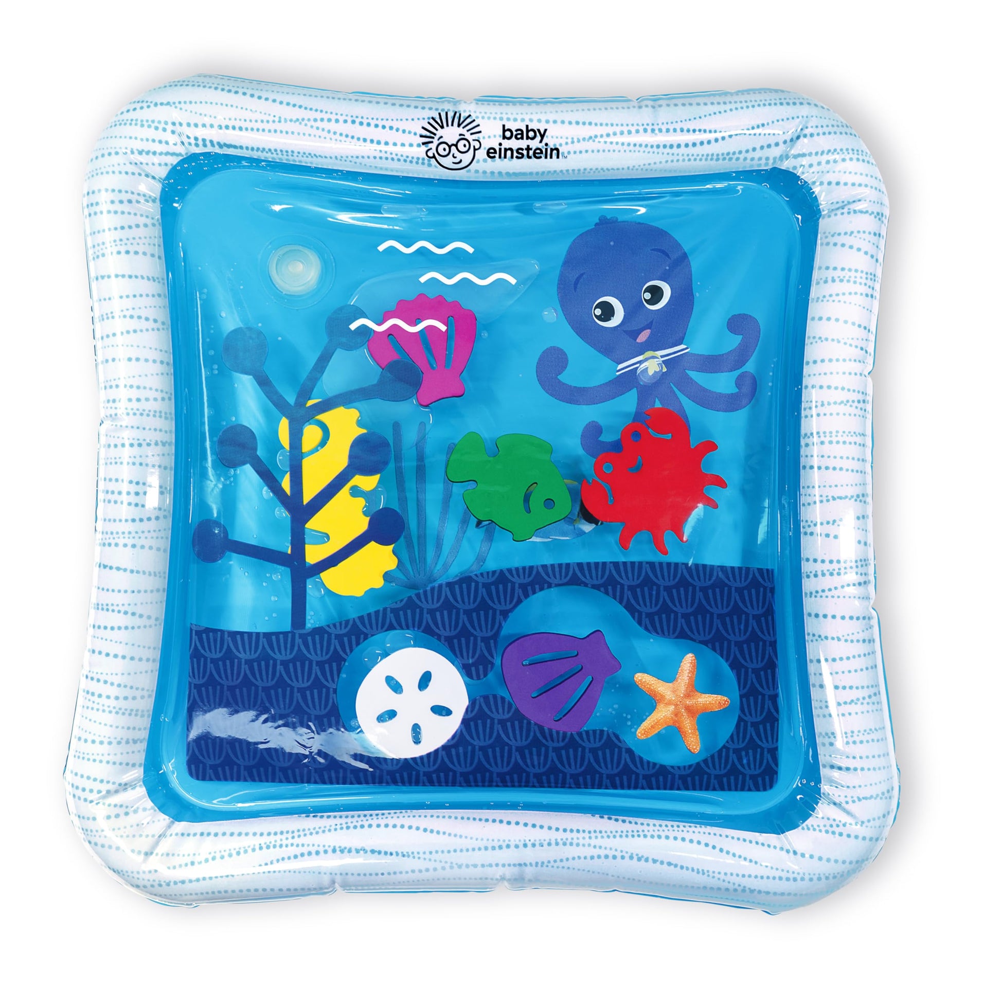 Baby Einstein Opus’s Ocean of Discovery tummy time water play mat with sensory toys for newborns, black, with colorful ocean-themed designs.
