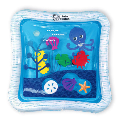 Baby Einstein Opus’s Ocean of Discovery tummy time water play mat with sensory toys for newborns, black, with colorful ocean-themed designs.