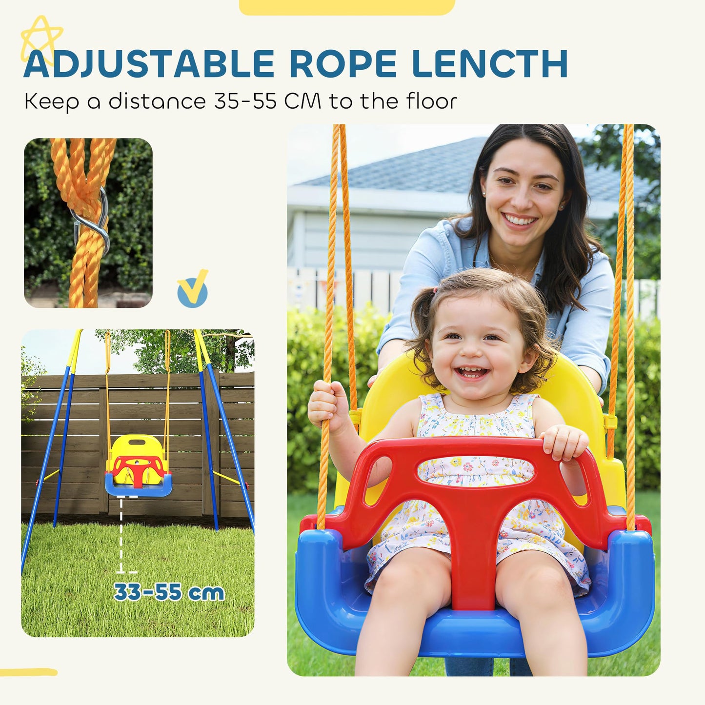 AIYAPLAY 3-in-1 toddler swing set with adjustable seat, safety belt, removable guardrails, suitable for indoor and outdoor use in blue.