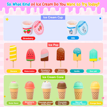 WIKITOT Ice Cream Toys for Kids, 51 Pieces Wooden Ice Cream Cart Role Play Toys for 3 to 7 Year Old Girls Boys Bithday Gifts