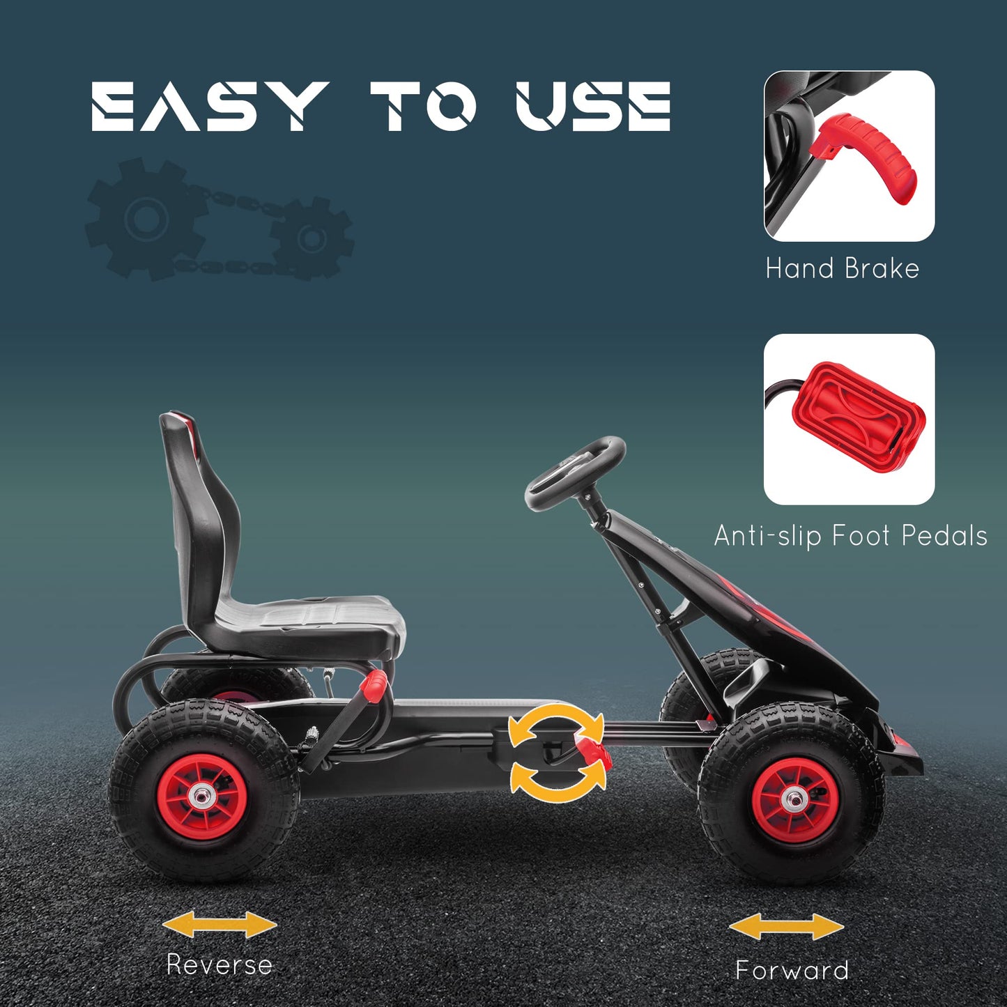 HOMCOM Children Pedal Go Kart, Raving Go Kart with Adjustable Seat, Inflatable Tyres, Shock Aborb, Handbrake, for Ages 5-12 Years - Red