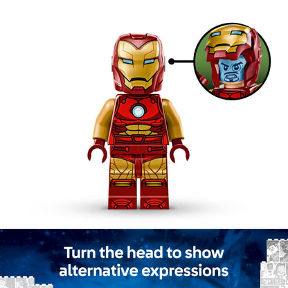 LEGO Marvel Iron Man Mech with Ultron, featuring two minifigures in an action-packed buildable toy set.