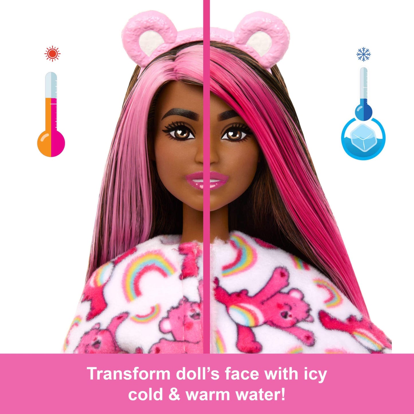 Barbie Care Bears Series doll with Cheer Bear plush costume and accessories, featuring 10 surprises including color change features.