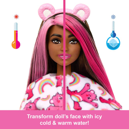 Barbie Care Bears Series doll with Cheer Bear plush costume and accessories, featuring 10 surprises including color change features.