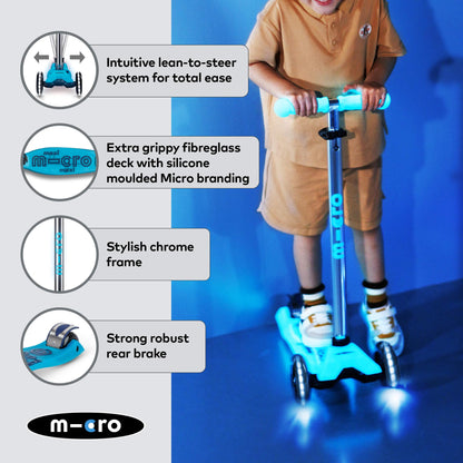 Micro Scooters | Maxi Micro Deluxe LED Children's Scooter | Handlebar Adjustable | Light Up Wheels | Glow In The Dark | Boys & Girls | 5-12yrs | Crystal Blue