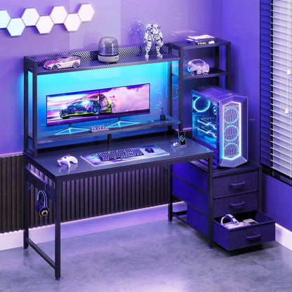 Coleshome gaming desk with drawers, display shelves, LED lights, sockets, monitor stand, in black carbon fiber finish.