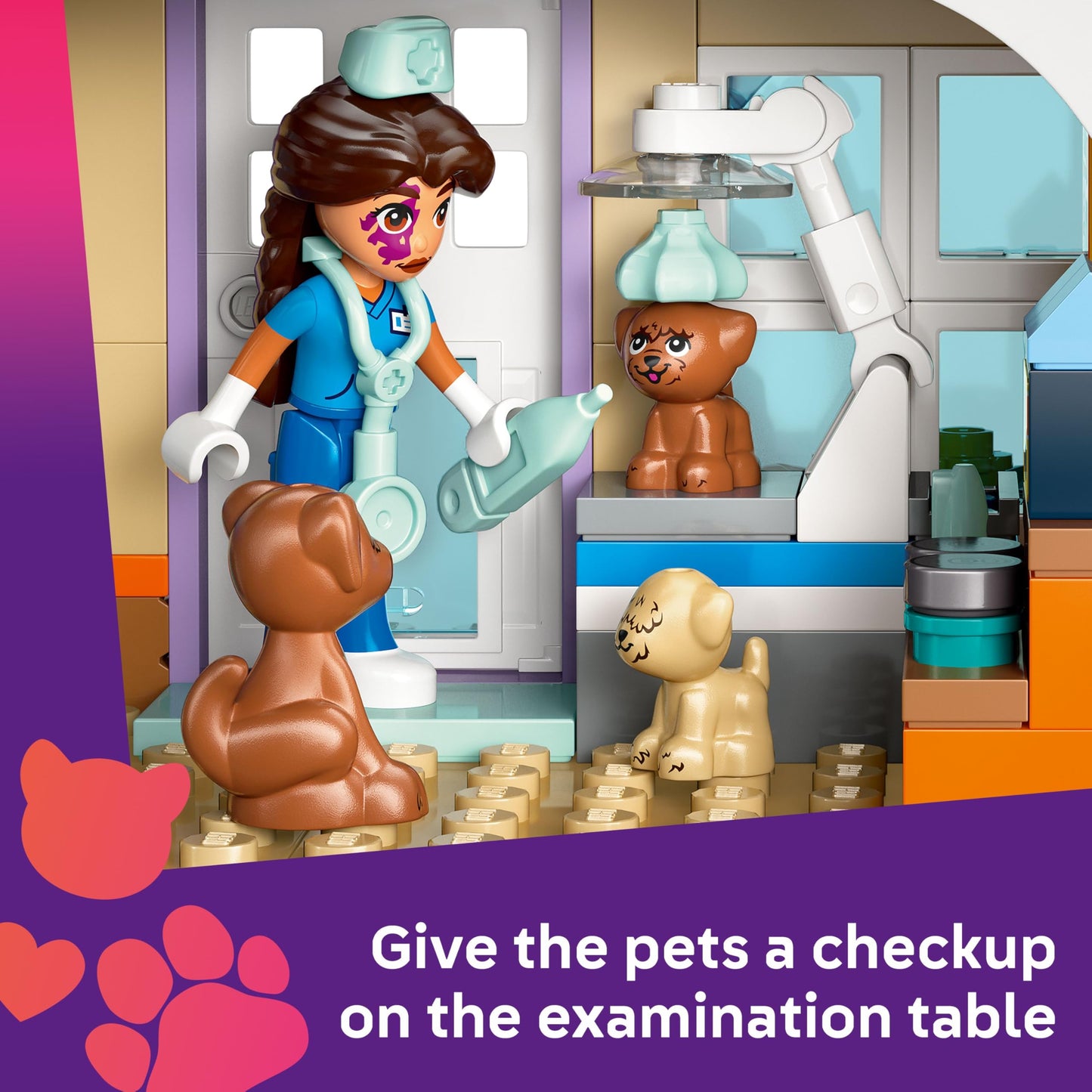 LEGO Friends Horse and Pet Vet Clinic with mini dolls, horse, cat, dog figures, and accessories in a colorful setting.