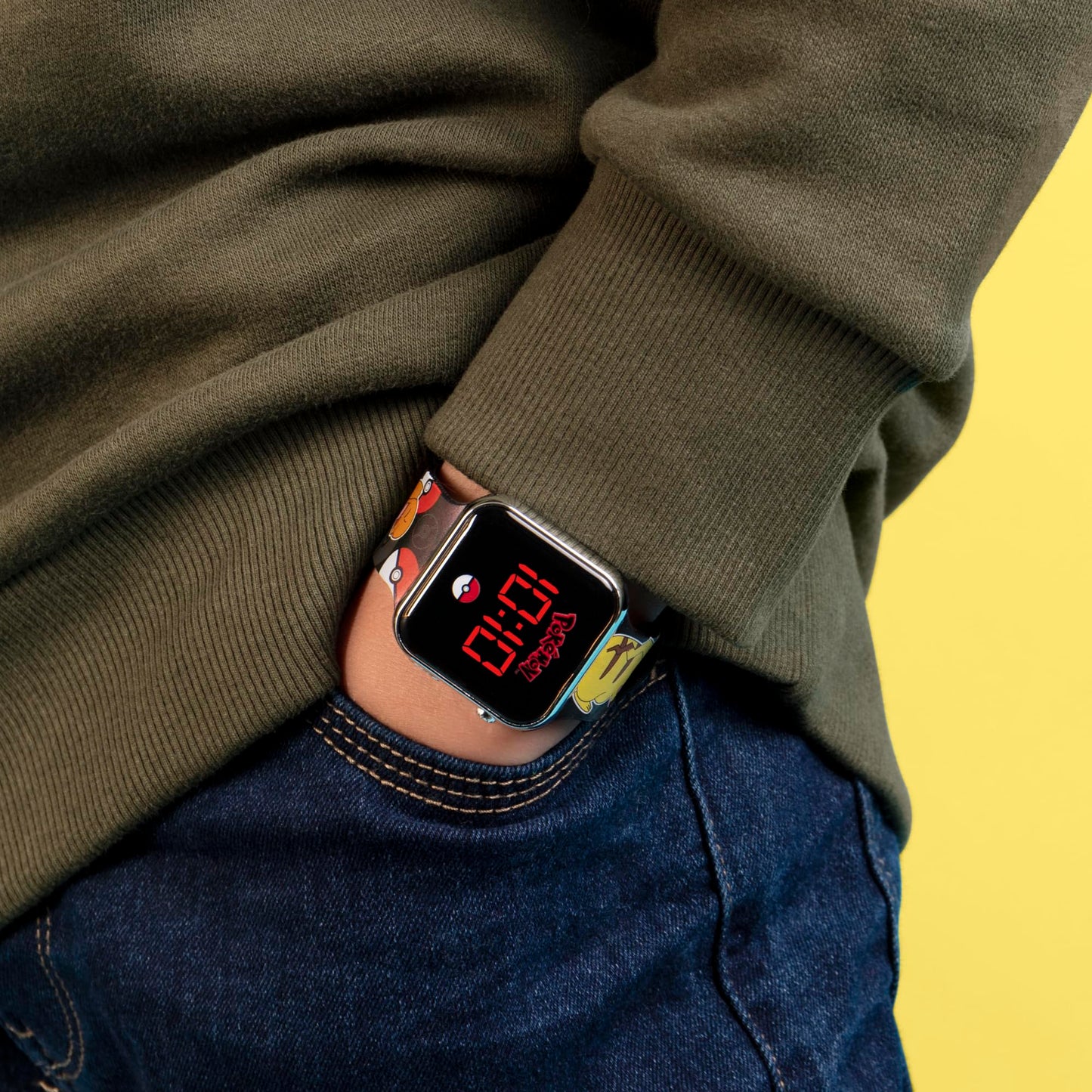Pokémon Black LED Watch featuring a printed silicone strap, showcasing a sleek design and vibrant colors.