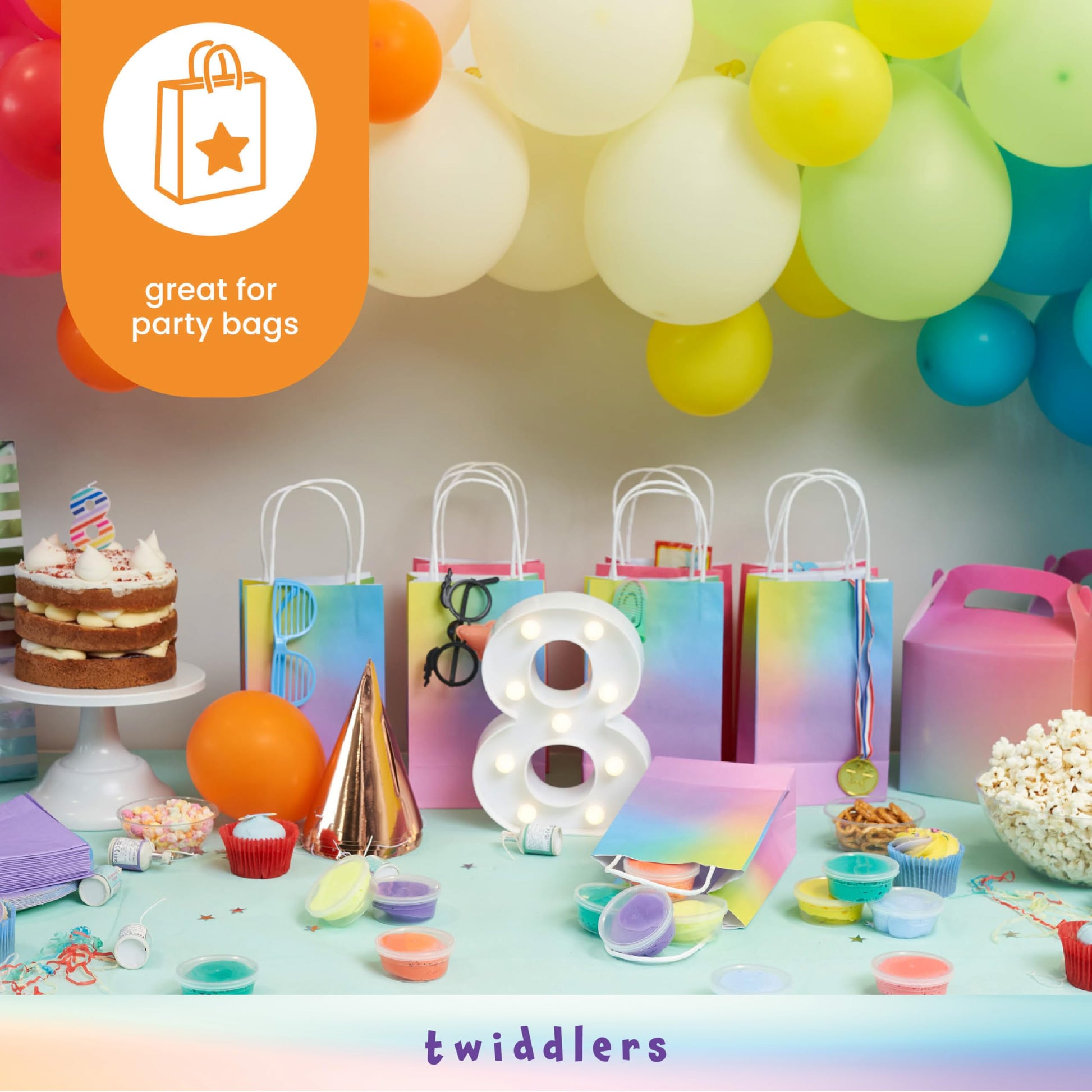 Colorful bouncing slime putty tubs by THE TWIDDLERS, showcasing vibrant, bouncy slime in small containers perfect for kids' party favors.