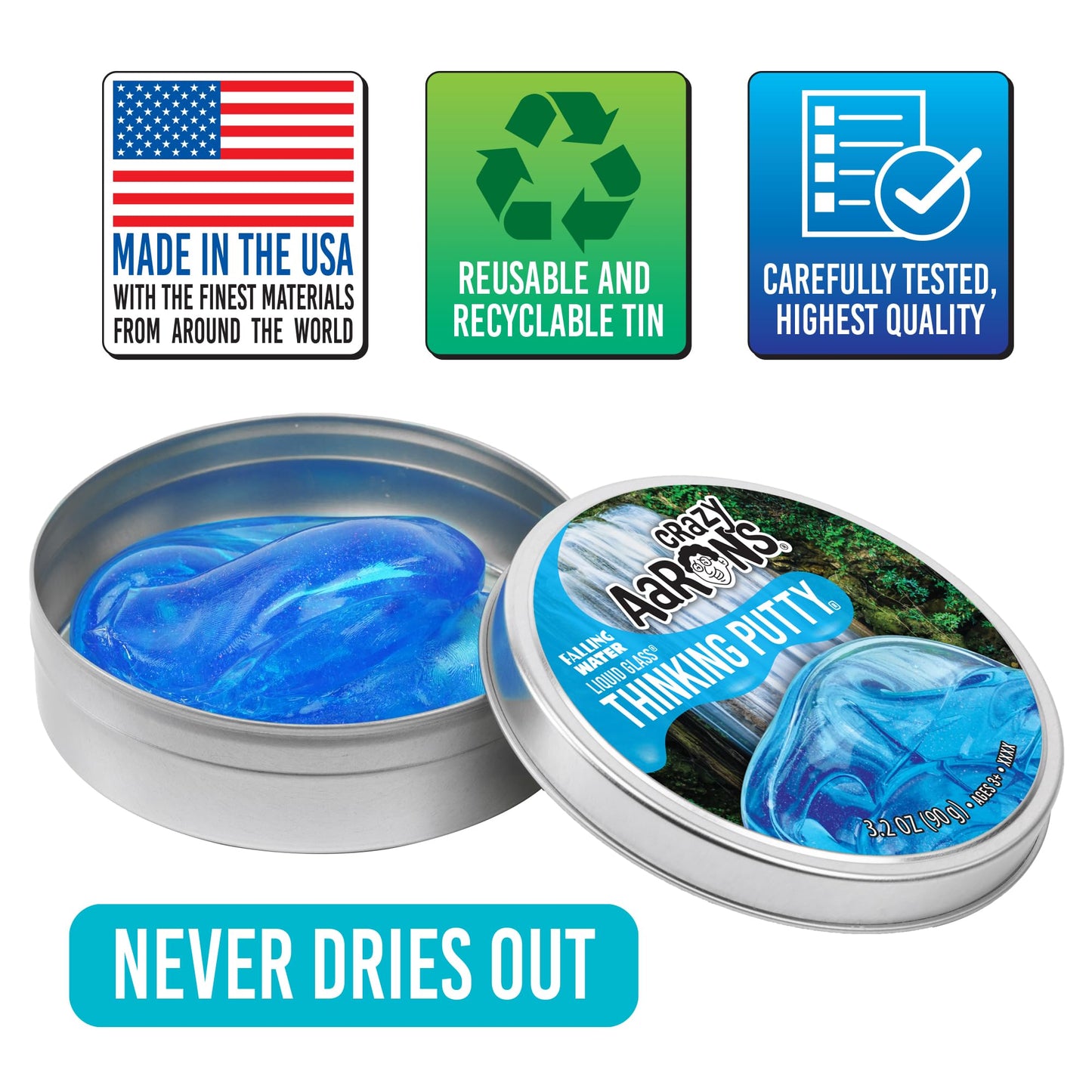 Crazy Aaron's Liquid Glass Thinking Putty in Falling Water, crystal clear blue, showing its smooth, glossy, and moldable surface.