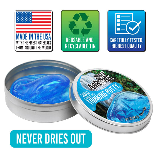 Crazy Aaron's Liquid Glass Thinking Putty in Falling Water, crystal clear blue, showing its smooth, glossy, and moldable surface.