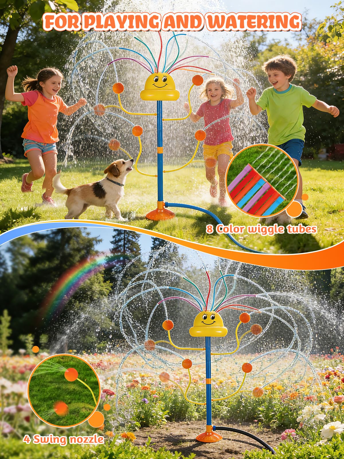 VATOS Water Sprinkler Outdoor Yard Toy for Kids, Smile Face Rainbow Splash Toy with 8 Wiggle Tubes 4 Nozzle, Backyard Lawn Water Sprinkler, Summer Family Games, Fun Water Toys for Kids 3-8 Boy Girl