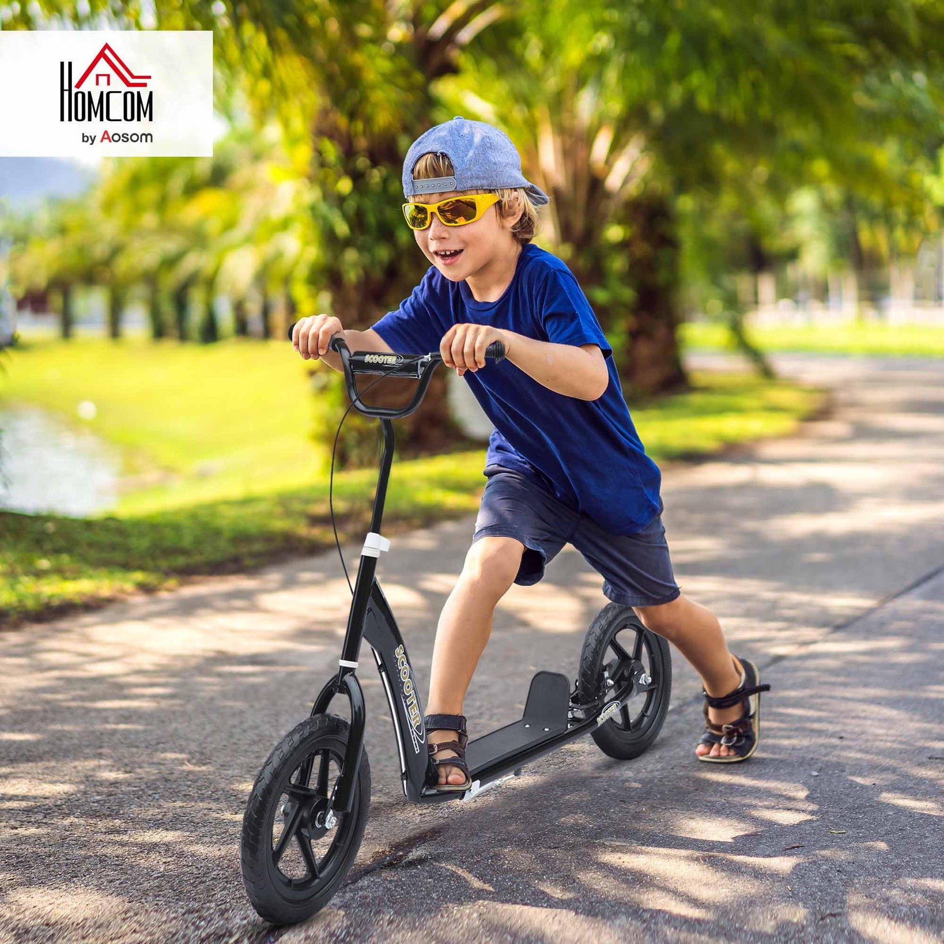HOMCOM kids scooter in black with adjustable handlebar, 12" EVA tires, and rear brake for ages 5-12 years.