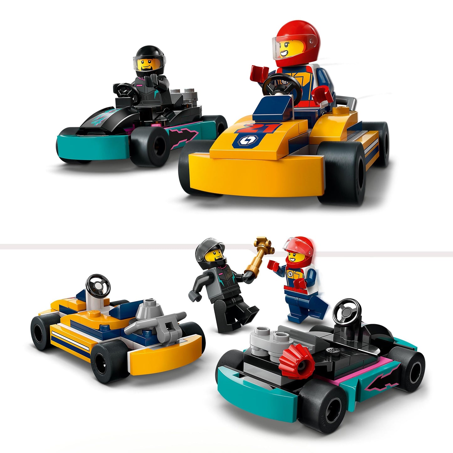 LEGO City Go-Karts playset featuring colorful racing vehicles and two driver minifigures for creative play.