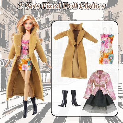 Carreuty 14-piece doll clothes set for 11.5-inch Barbie dolls, includes coats, skirts, jackets, jumpsuit, trousers, and shoes.