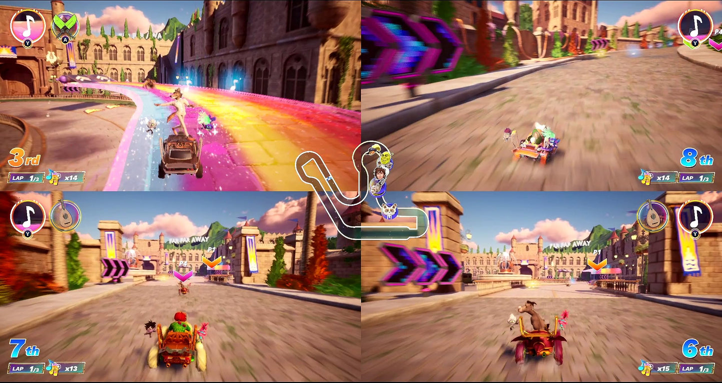 Dreamworks All-Star KartRacing game for PlayStation PS5 with colorful character and kart artwork from Game Mill.