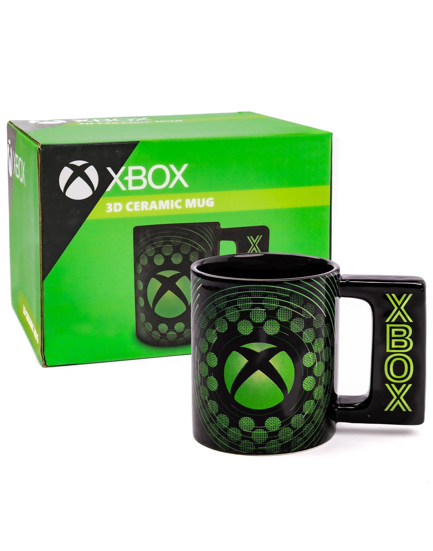 Black ceramic Xbox mug featuring green video game console logo and handle, 16oz size, perfect for gaming enthusiasts.
