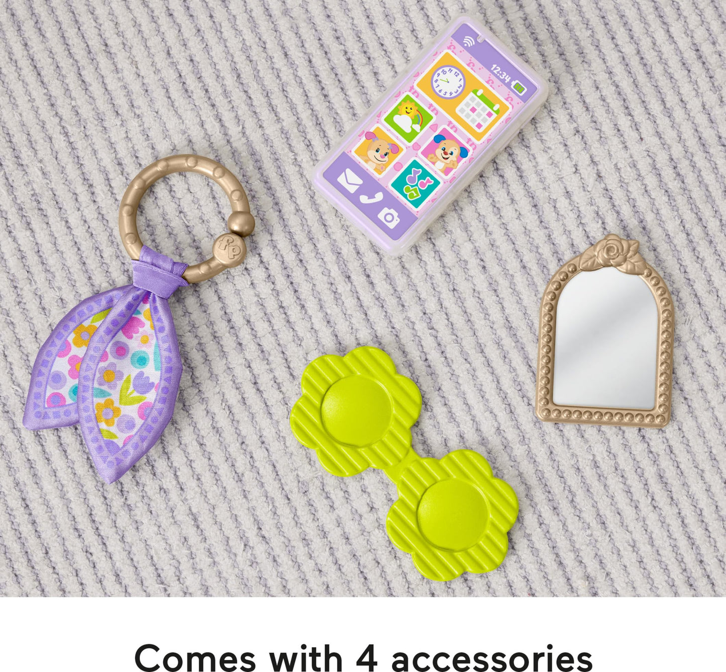 Fisher-Price Laugh & Learn Purse toy for babies showing the pretend play purse with accessories for infants and toddlers.