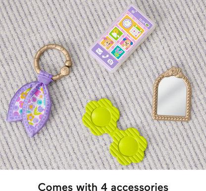Fisher-Price Laugh & Learn Purse toy for babies showing the pretend play purse with accessories for infants and toddlers.