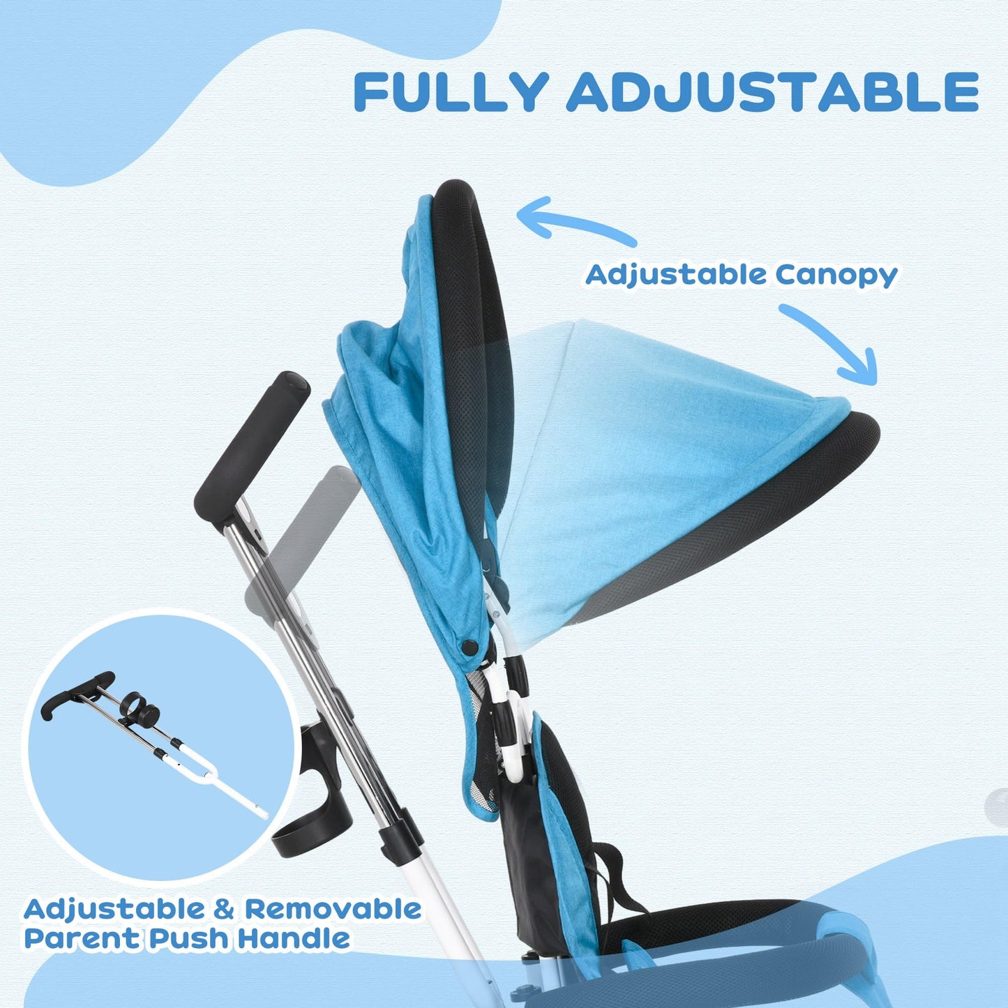 HOMCOM 6 in 1 Trike, Kids Tricycle, Pedal Push Bike w/Parent Handle, Removable Canopy, 5-Point Safety Belt, Storage, Footrest, Brake, for 1-5 Years Toddler, Blue