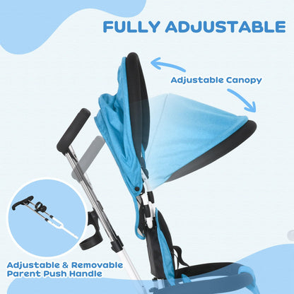 HOMCOM 6 in 1 Trike, Kids Tricycle, Pedal Push Bike w/Parent Handle, Removable Canopy, 5-Point Safety Belt, Storage, Footrest, Brake, for 1-5 Years Toddler, Blue