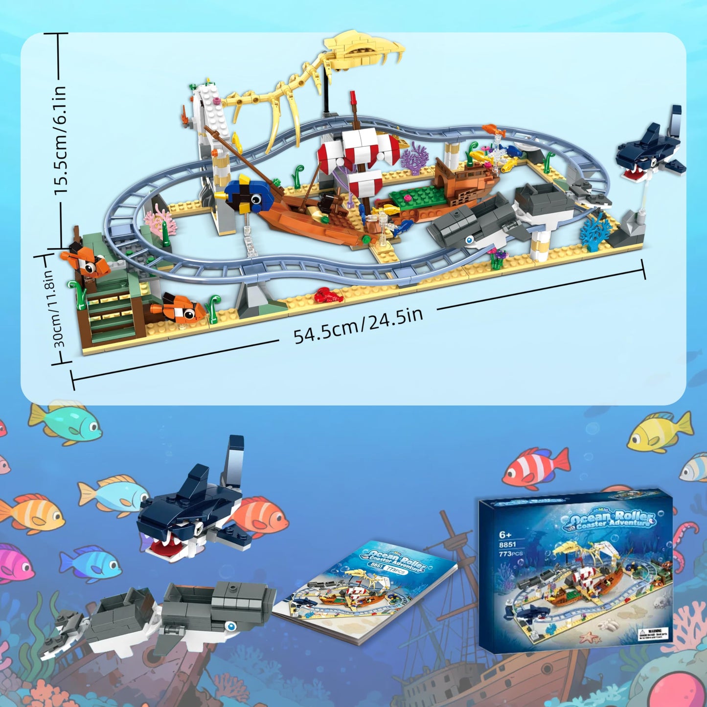 Ocean Roller Coaster Building Blocks Set (773 Pieces) - Friends Aquarium Toy with Sharks, Whales & Clownfish - Creative STEM Building Kit - Educational Gift for Kids Ages 6+