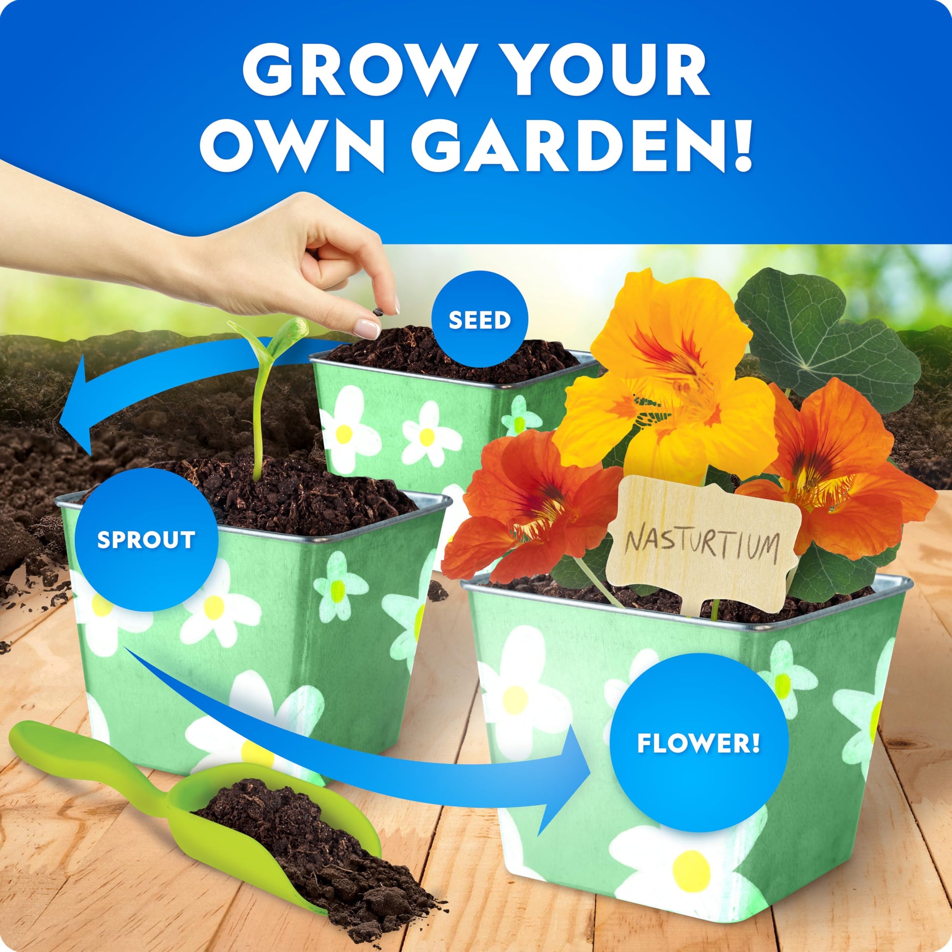 National Geographic kids flower and herb gardening kit with stainless steel pots, paint, stickers, and plant growing tools.