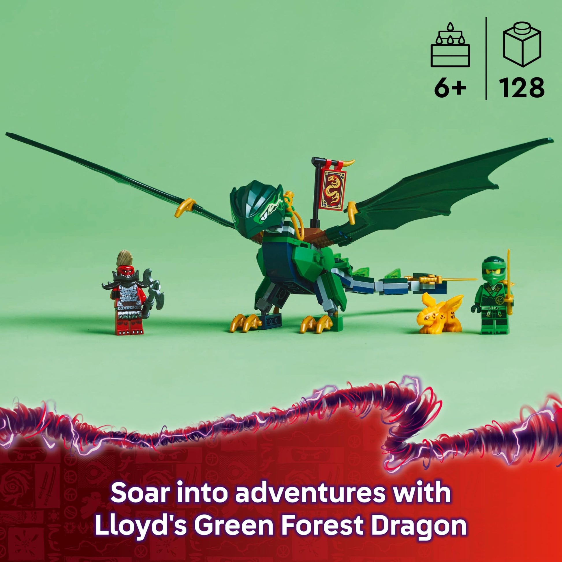 LEGO NINJAGO Lloyd’s Green Forest Dragon building toy with two minifigures, ideal for imaginative play and ninja fans.