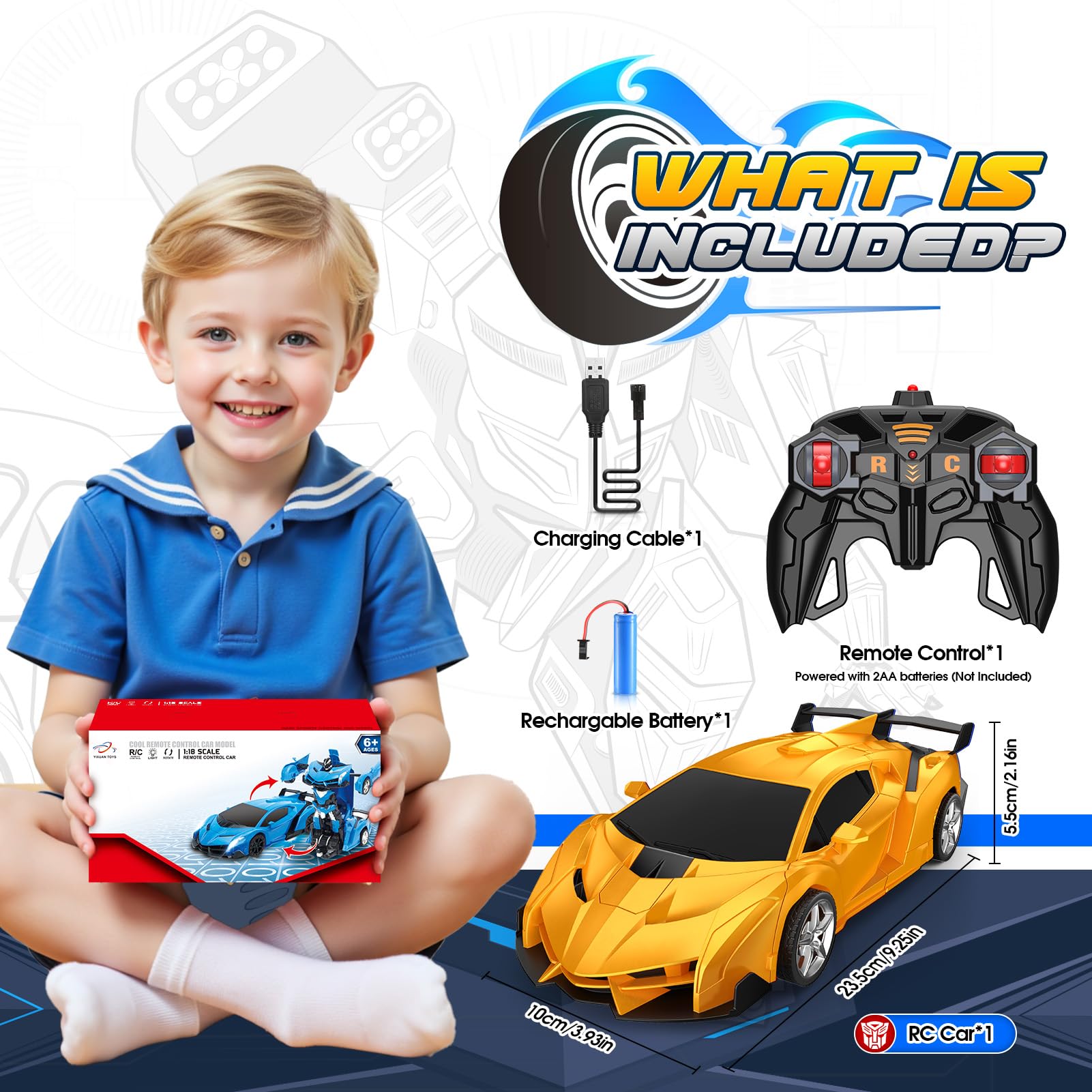 Braxel 2-in-1 transforming remote control robot car for kids, featuring 360° rotation and 2.4GHz control, suitable for ages 3-12.